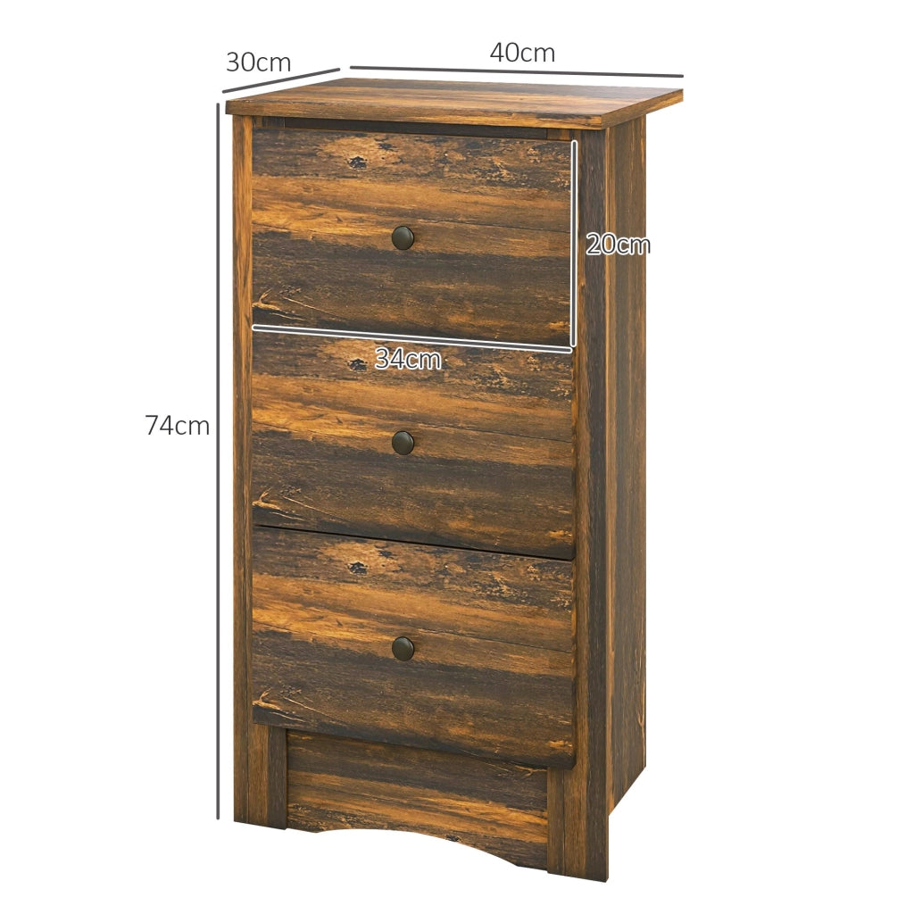 Comodino 3 Cassetti Stile Rustico 40x30x74 cm Marrone