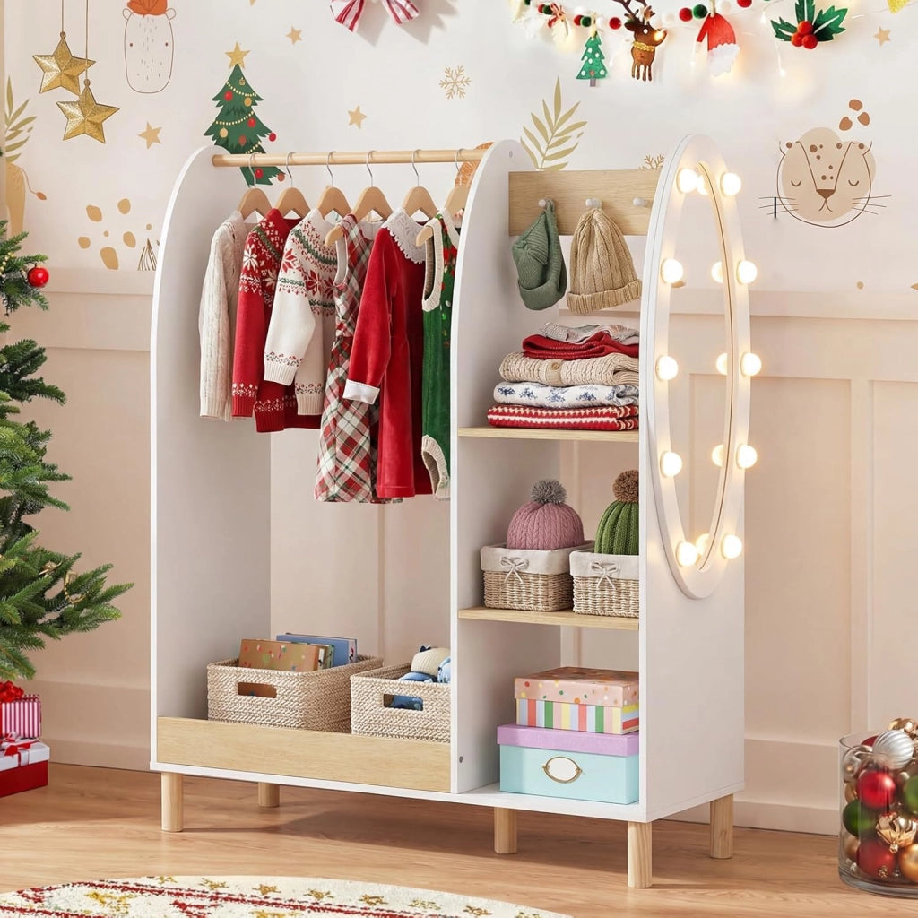 Guardaroba per Bambini, Armadio Gioco con Specchio e Luci, Guardaroba Aperto con Ripiani e Ganci, Organizer per Stanza e Camera da Letto, 91x28x110 cm