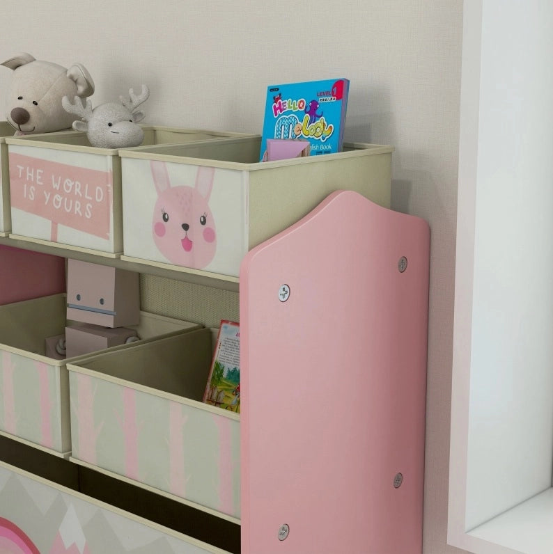 Scaffale per bambini 63x30x66 cm con 6 scomparti; design simpatico in legno rosa