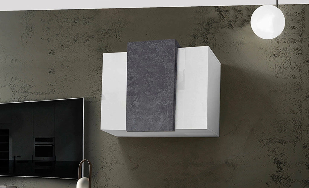Pensile da Andras, Made in Italy, Mobile da soggiorno sospeso a 3 ante, cm 90x38h66, Bianco lucido e Grigio Cenere