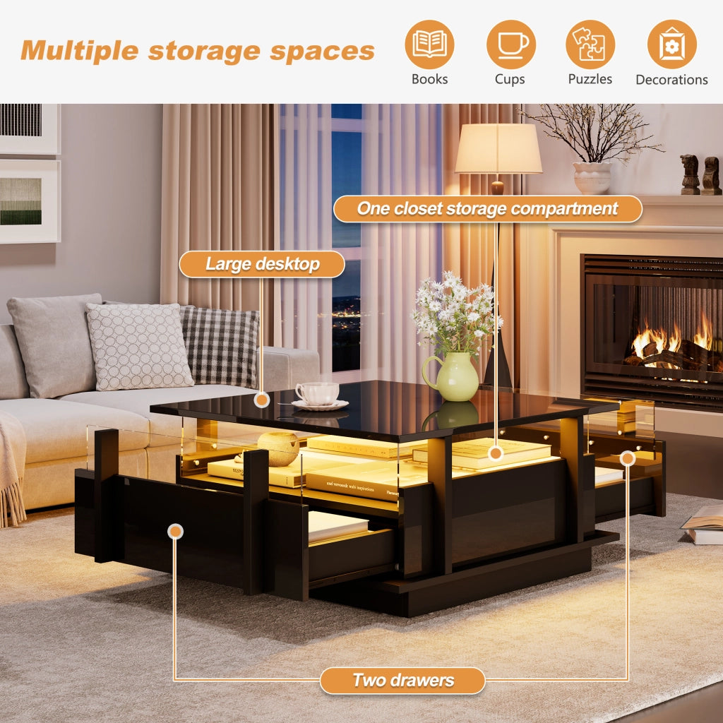 Tavolino da salotto nero lucido 70x70 cm con luci LED e 2 cassetti