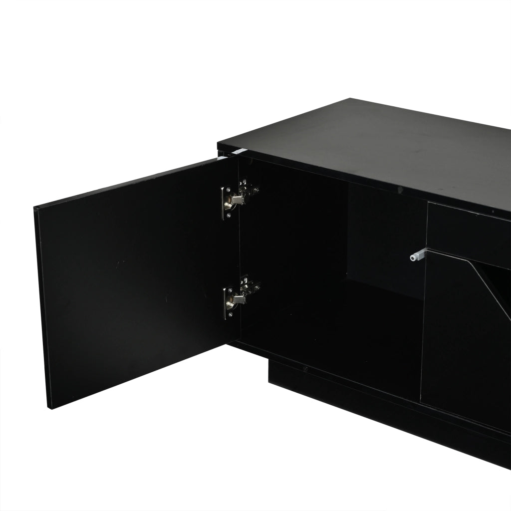Mobile porta TV con LED, 2 cassetti, 2 vani aperti e 2 ante, finitura lucida, per soggiorno, nero, 180 × 40 × 45 cm