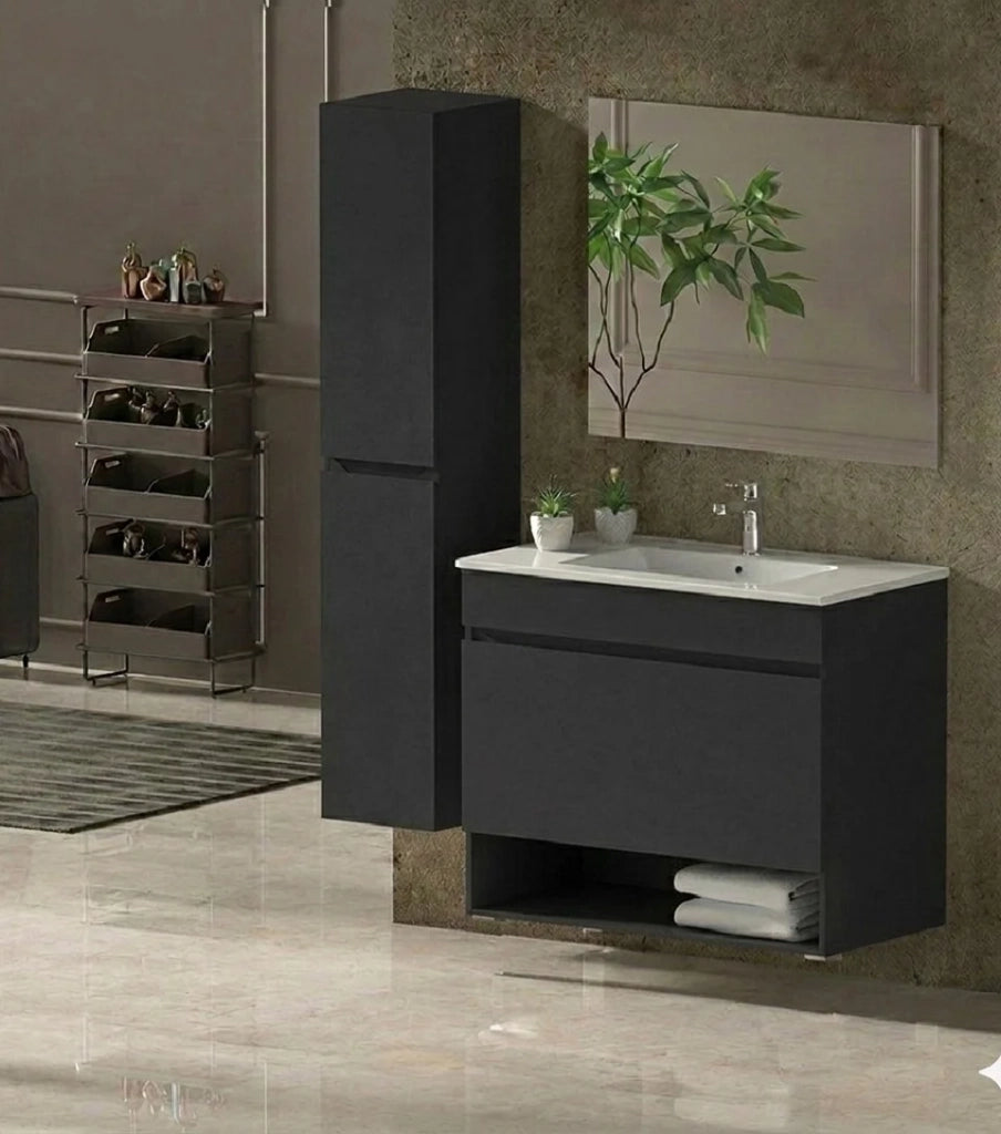 Mobile Bagno NEBARI Già Montato 1 cassetto, lavabo e specchio Grafite 70x40 cm con colonna