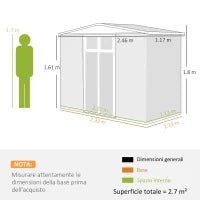 Capanno da Giardino Porta Attrezzi in Acciaio Zincato con 2 Porte, 246x117x180 cm, Grigio Scuro