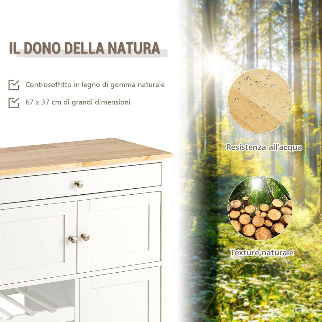 Carrello da Cucina, con Portabottiglie Tre Ante e Ruote, Credenza Cucina in Legno di Pino e MDF, Ideale per Soggiorno e Cucina, 67 x 37 x 86 cm (Bianco)