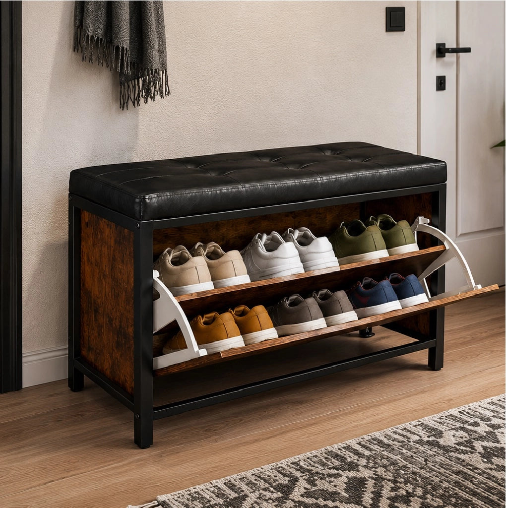 Panca Scarpiera Industriale con Seduta Imbottita Salvaspazio 80x30H51 cm Nero Marrone