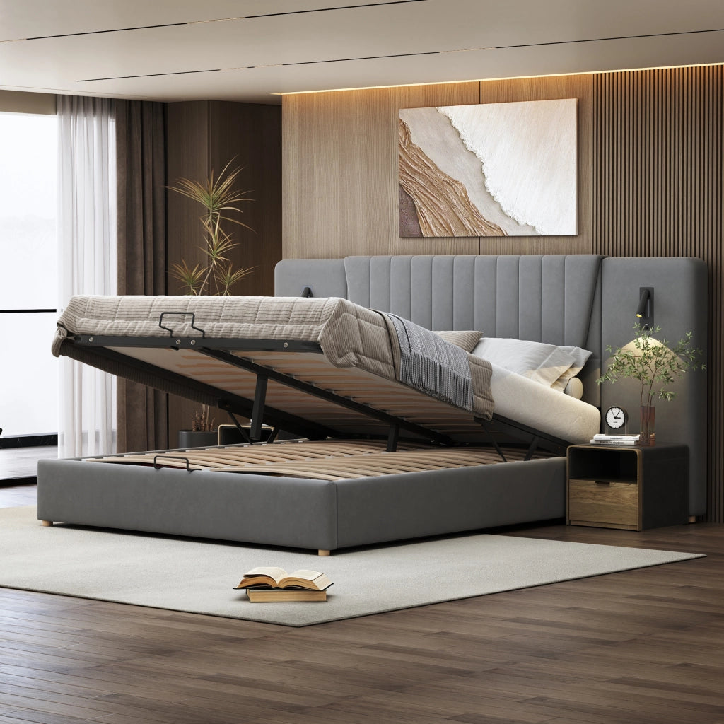 OKWISH Letto Contenitore 180×200 cm, Letto Matrimoniale con Lampade da Lettura Orientabili, USB e Testiera Alta, senza Materasso, Grigio