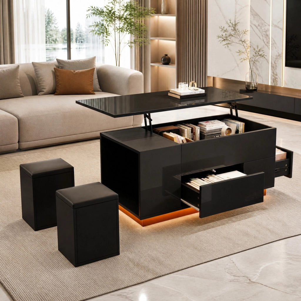 Tavolino da caffè elevabile con LED, 2 cassetti e 2 pouf nero