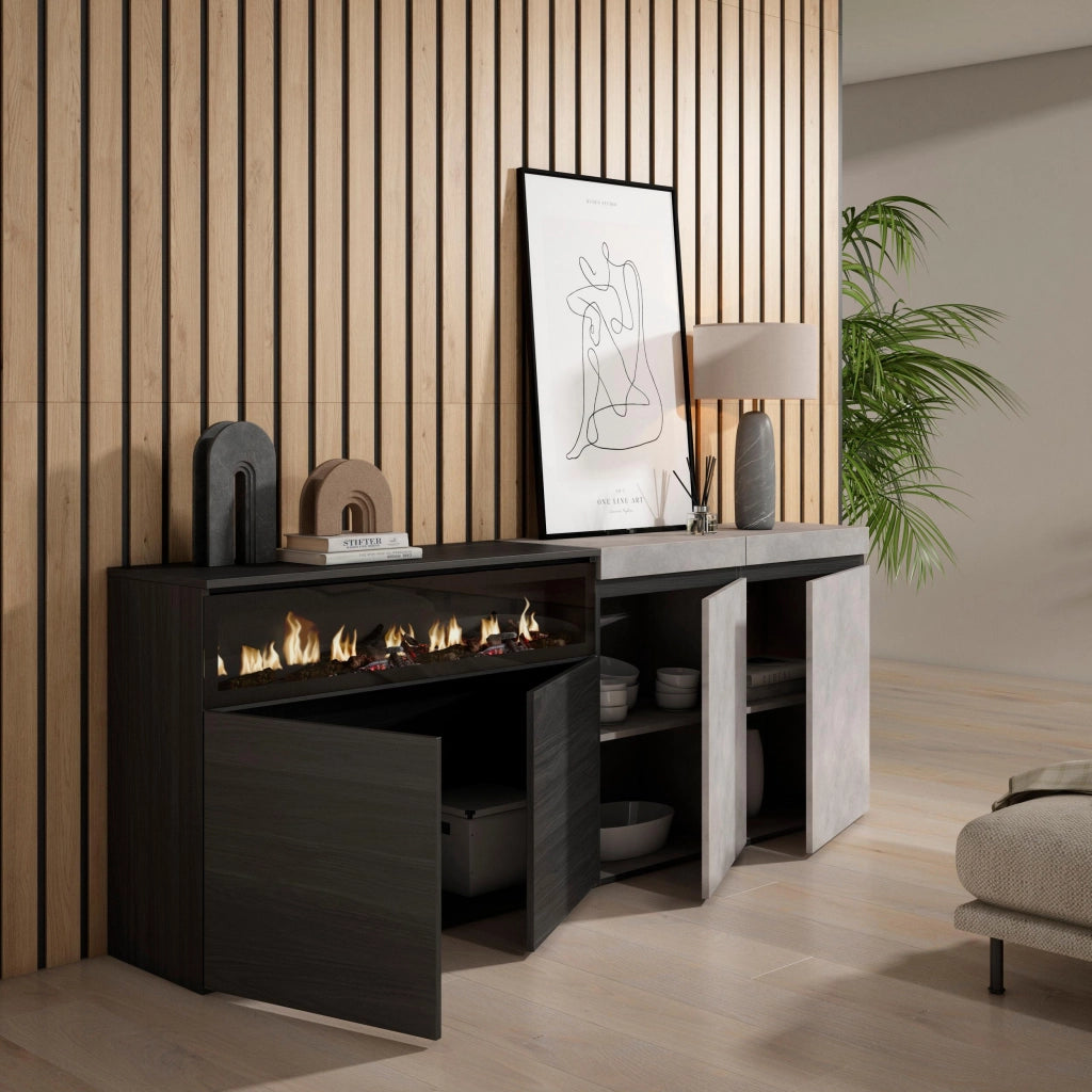 Credenza, Mobile, 200x35x75cm, 4 Porte, Camino elettrico, grigio cemento RF2409