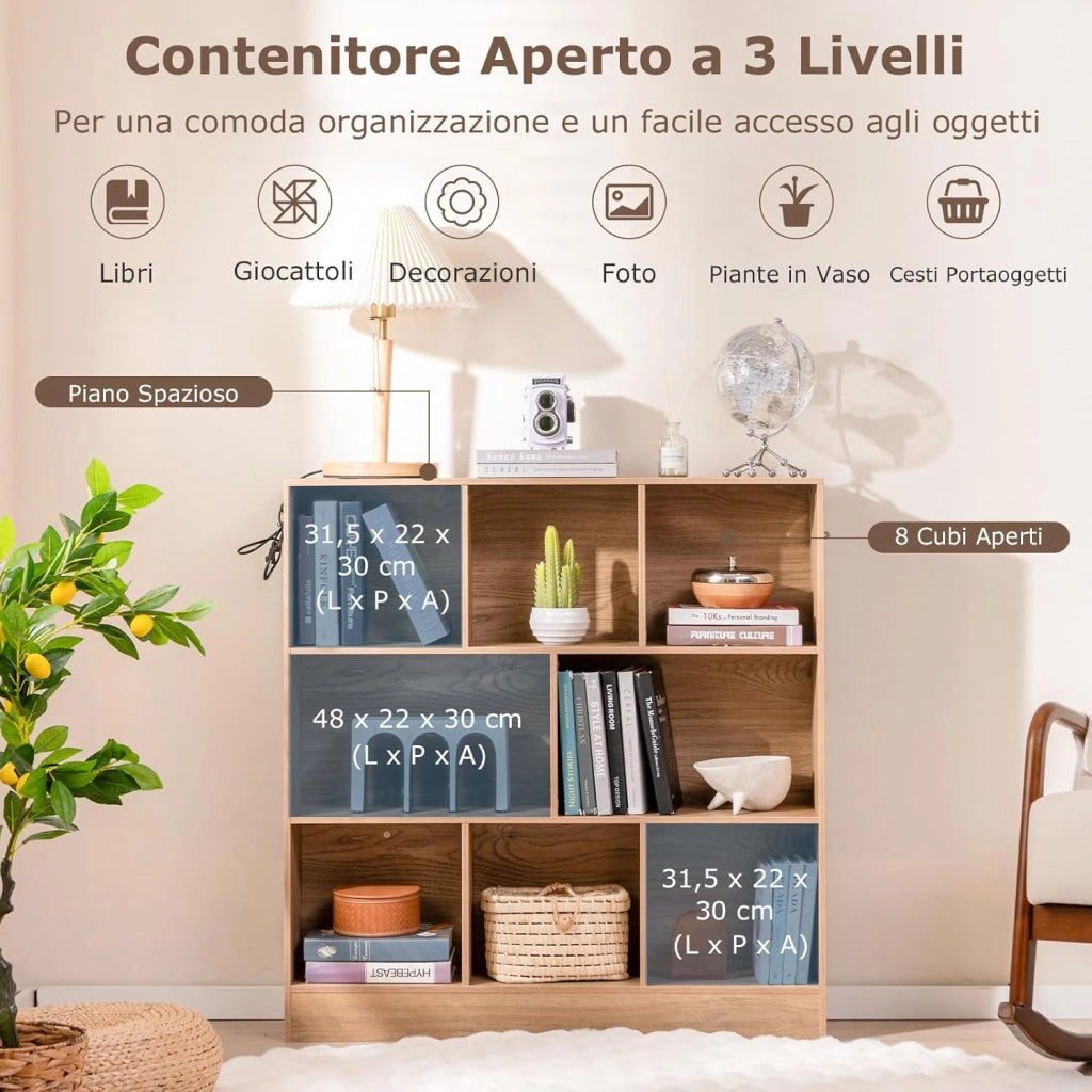 Libreria a 8 Cubi, Organizzatore di Stoccaggio a 3 Ripiani con 2 Kit Anti-Ribaltamento, Scaffale Multiuso in Legno per Soggiorno, Ufficio Stanza Bambini, 100x24x104 cm (Naturale)