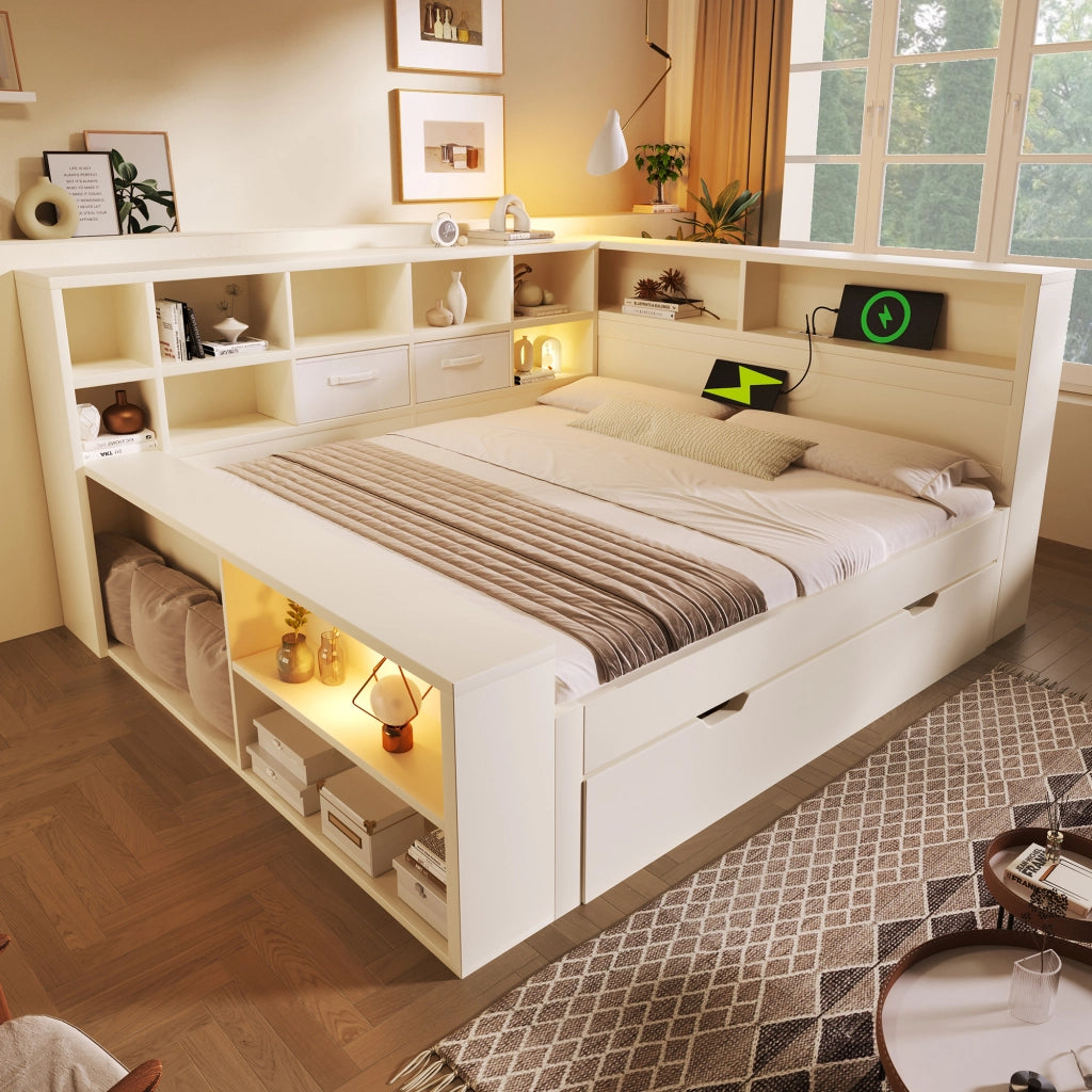 Letto estraibile 140 × 200 cm et 90 × 190 cm, 8 vani contenitore, 3 USB et 1 Type-C, senza materasso, bianco