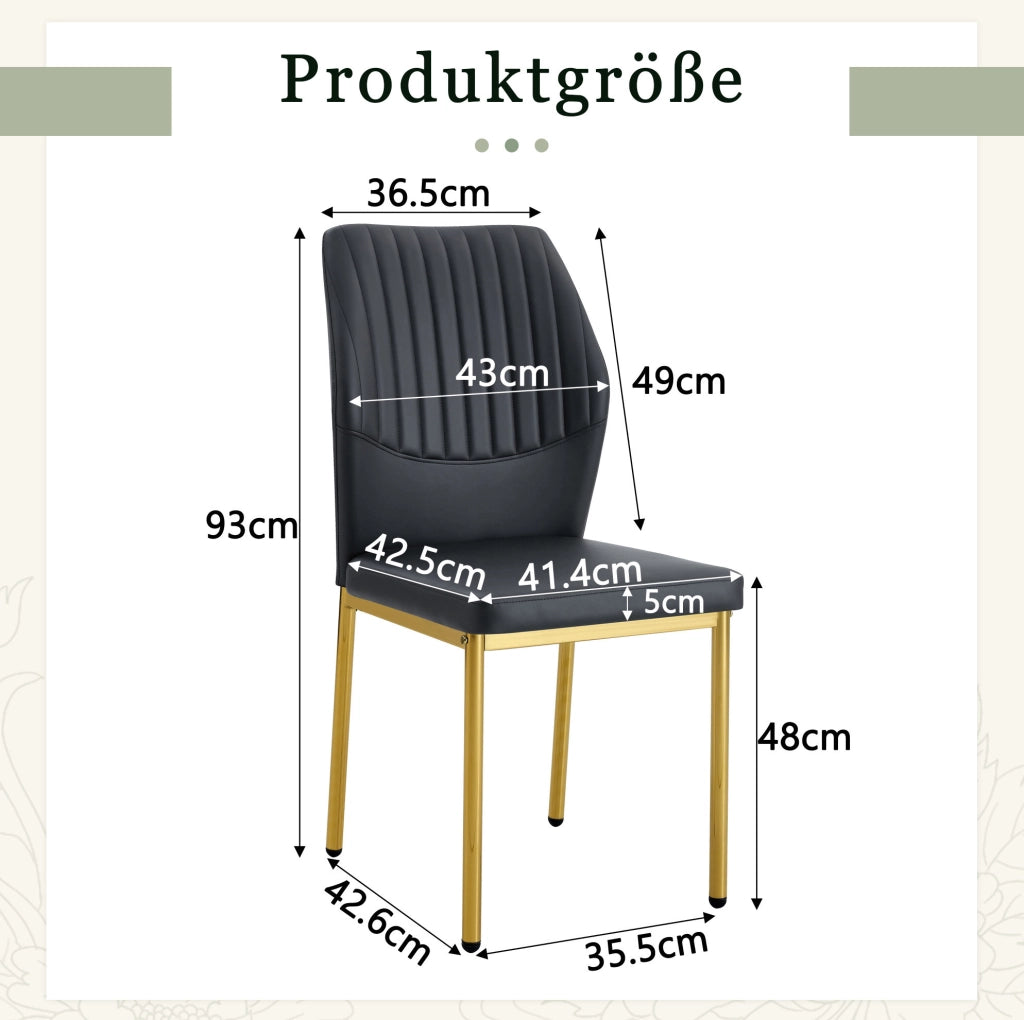 Set da 4 Sedie da Pranzo con Schienale in PU Nero e Gambe Metalliche Oro, Altezza 93 cm
