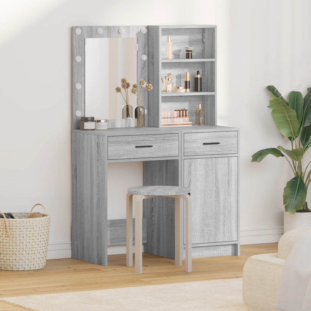 Set di Tavolo da Trucco a 2 Pezzi con LED Grigio in Legno Ingegnerizzato di Sonoma
