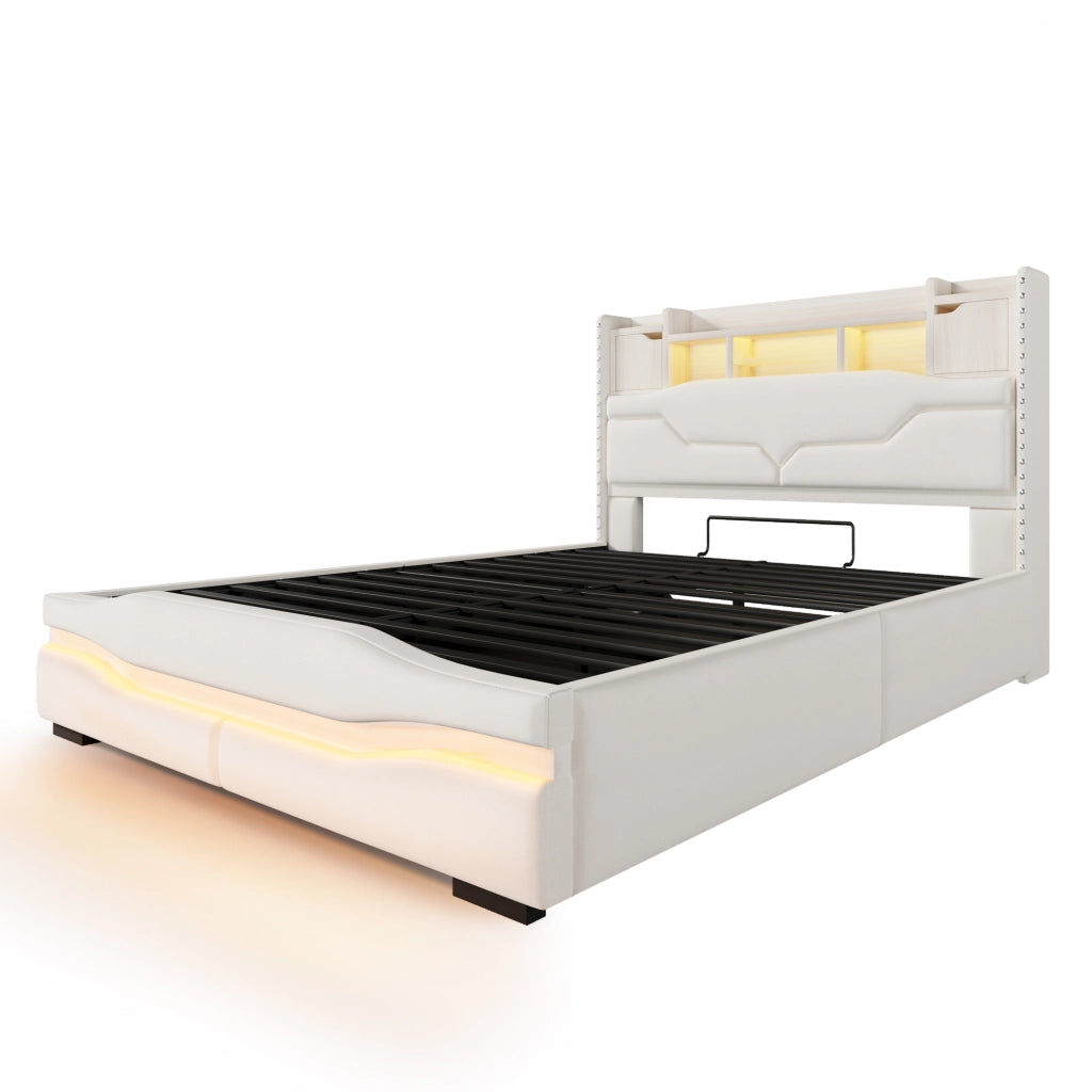 Letto matrimoniale 140x200 cm, con prese di ricarica, luci a LED, vano portaoggetti, beige