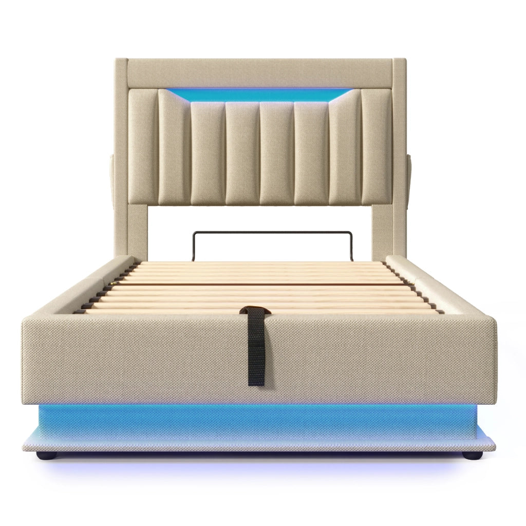 Letto Contenitore 90x200 cm; Letto Singolo - USB; LED e Vano Contenitore - Beige