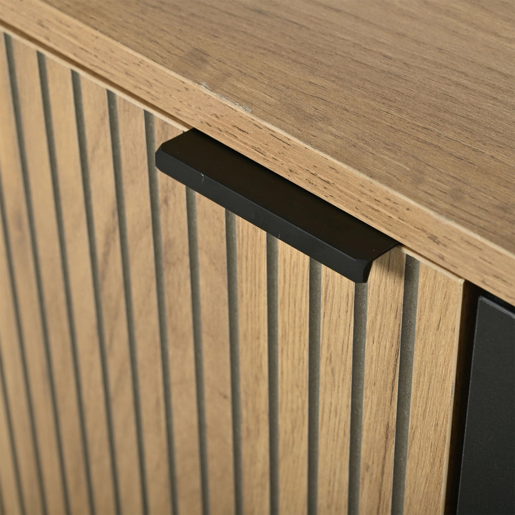 Mobile TV, 208 x 40 x 48 cm, in truciolato, 3 cassetti, finitura effetto legno, color legno naturale e nero