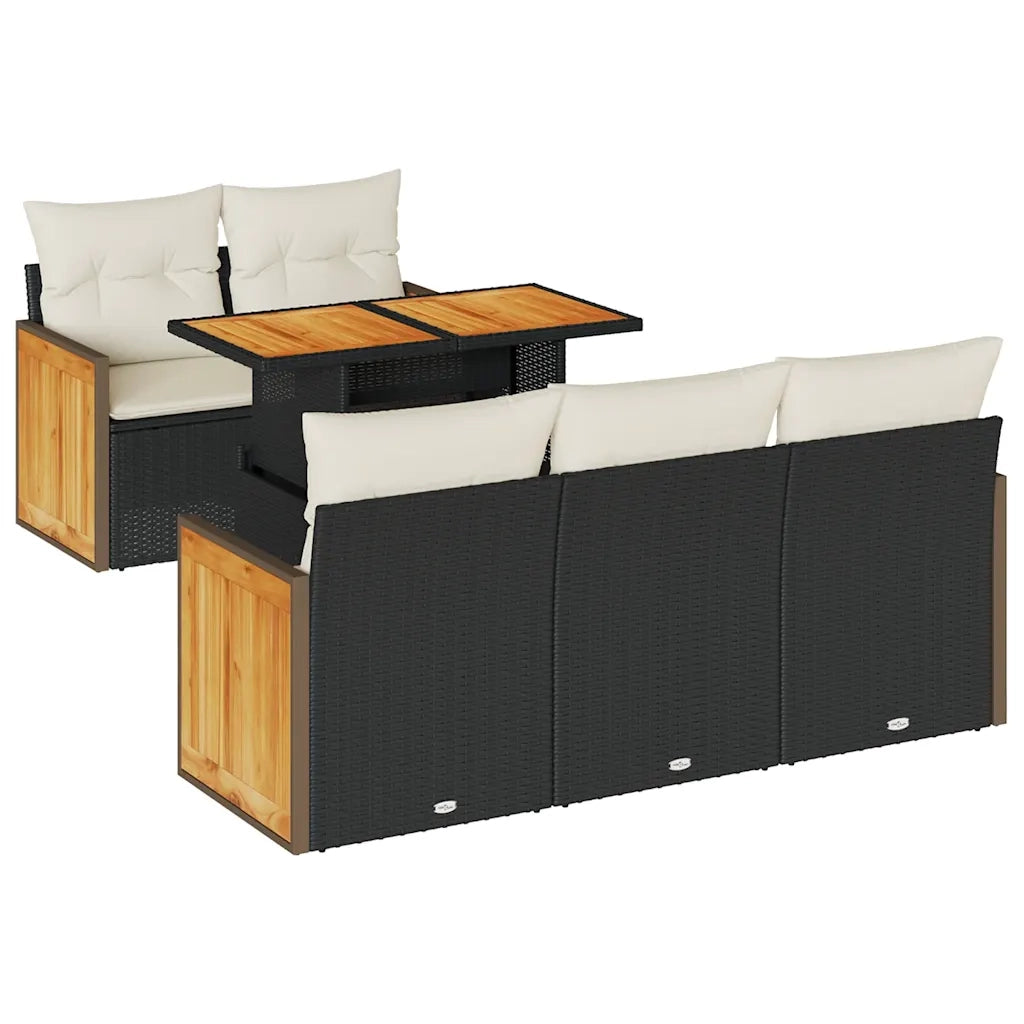 vidaXL Set Divano da Giardino 6 pz con Cuscini Nero Polyrattan Acacia