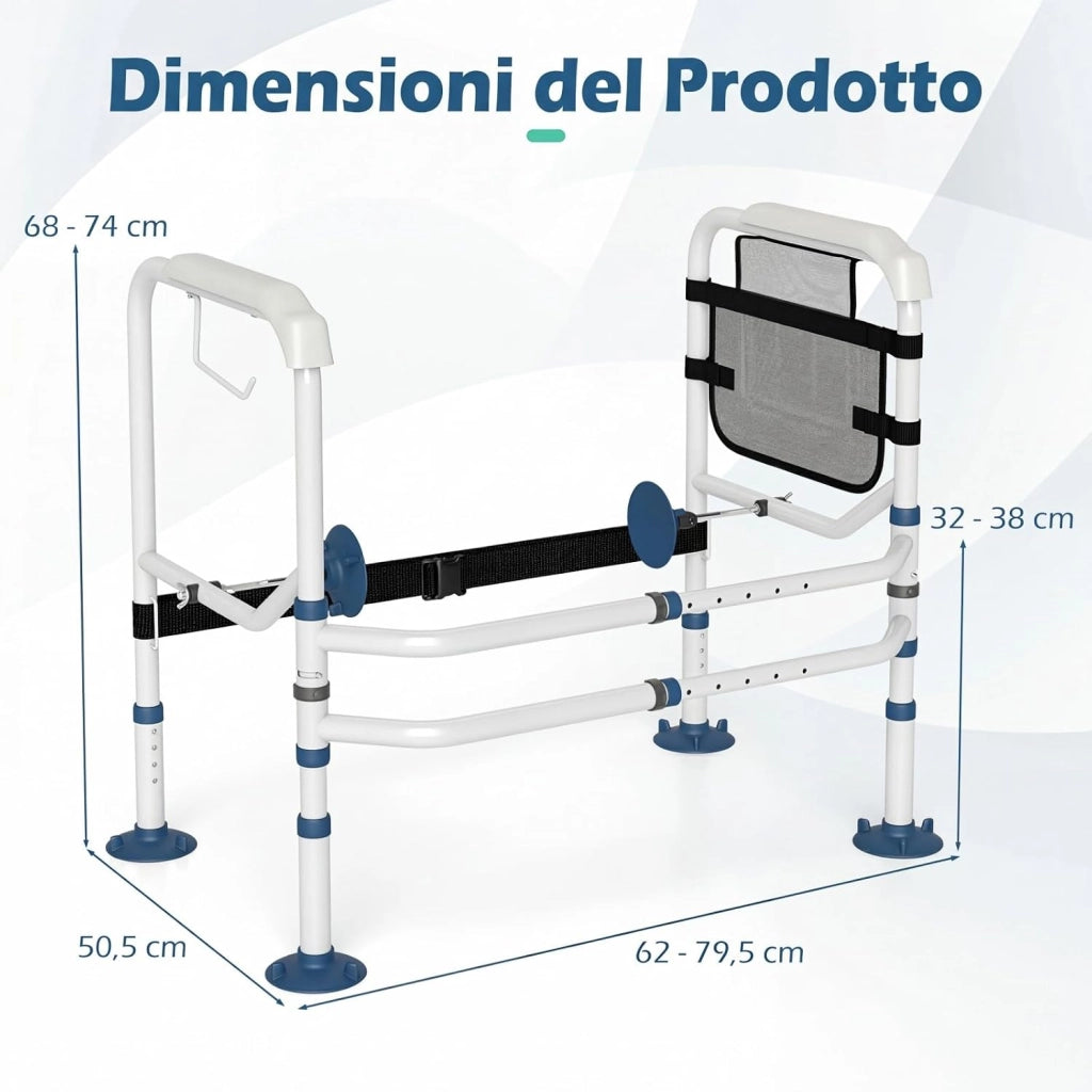 Supporto per WC per Anziani Portata 136 kg, Barra Bagno con Portarotolo e Tasca, Altezza e Lunghezza Regolabili, Corrimano di Sicurezza per WC per Disabili e Donne in Gravidanza