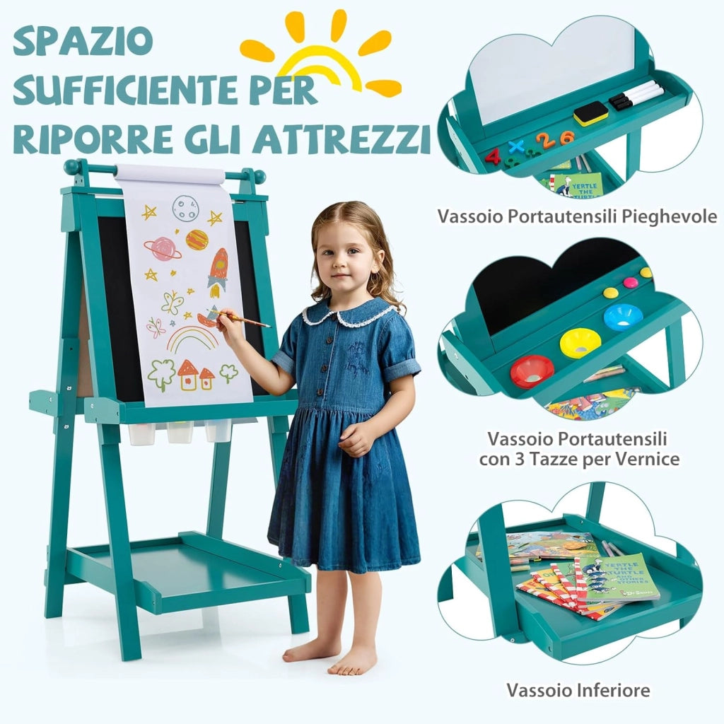 Lavagna per Bambini 3 in 1, Lavagna Magnetica con Lavagna Bifacciale, Rotolo di Carta, Vassoi Portaoggetti e 3 Bicchieri per Pittura, Cavalletto in Legno per Bambini 3+ Anni (Verde)