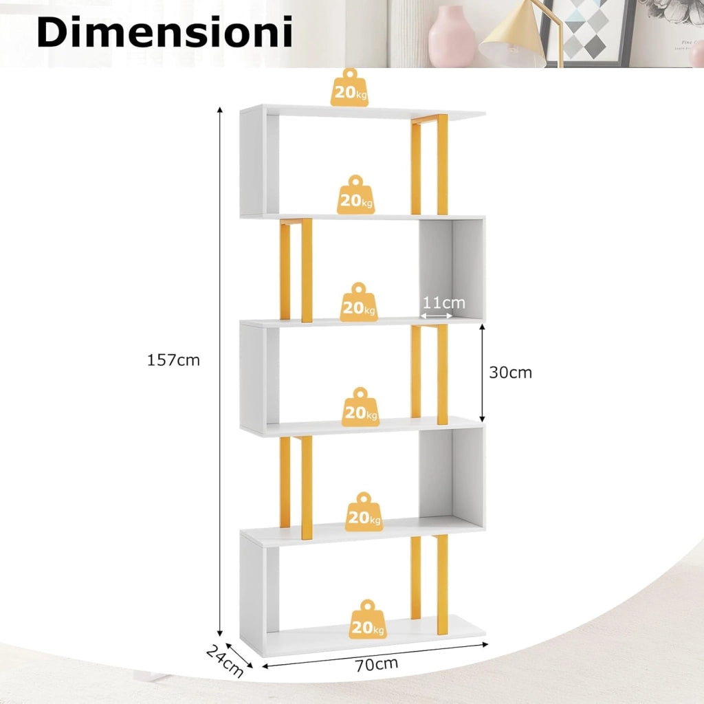 Libreria a 5 Livelli in Legno, Scaffale con Struttura in Metallo, Forma di S, Librerie Salvaspazio Divisorio per Soggiorno Ufficio e Studio, Carico 120kg (70 x 24 x 157 cm)