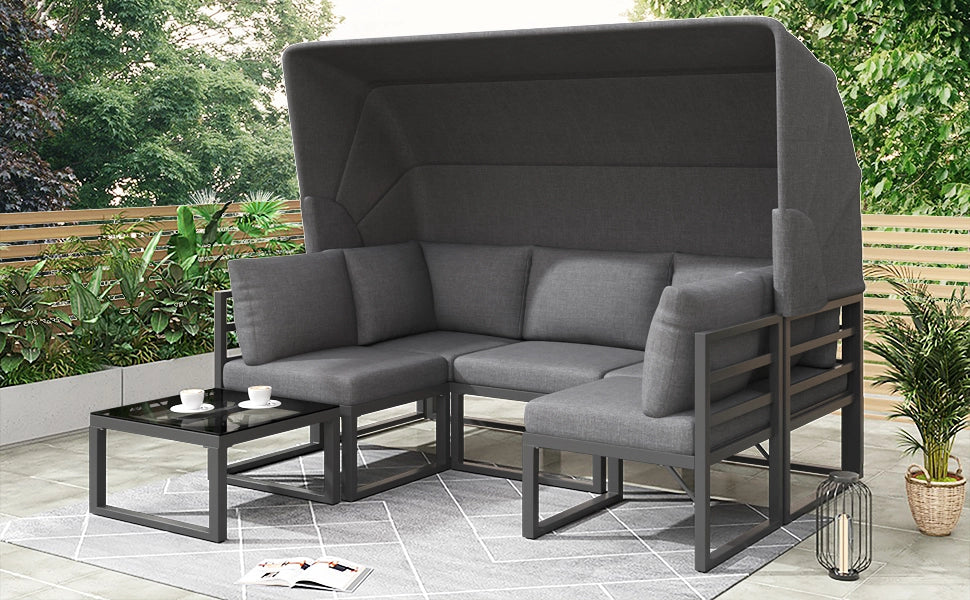 Set giardino 4 pezzi: sdraio + isola + salotto + sgabello + tavolo + tendalino; resistente; grigio; cuscini