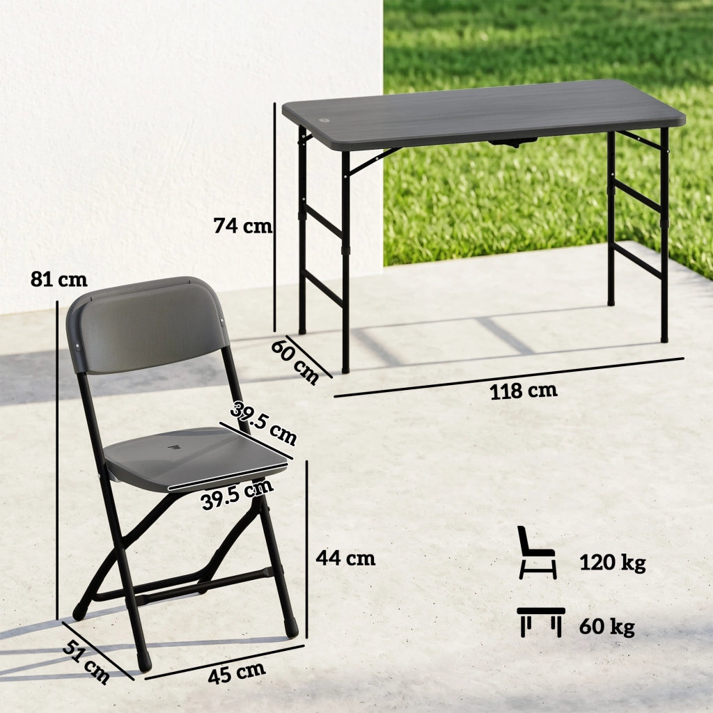 Set Tavolo Regolabile e 4 Sedie da Giardino Pieghevoli in HDPE Effetto Legno, Grigio Scuro