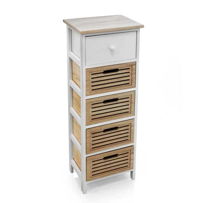 CASSETTIERA IN LEGNO BIANCO CON 5 CASSETTI IN LEGNO NATURALE 34 X 25 X 95 CM