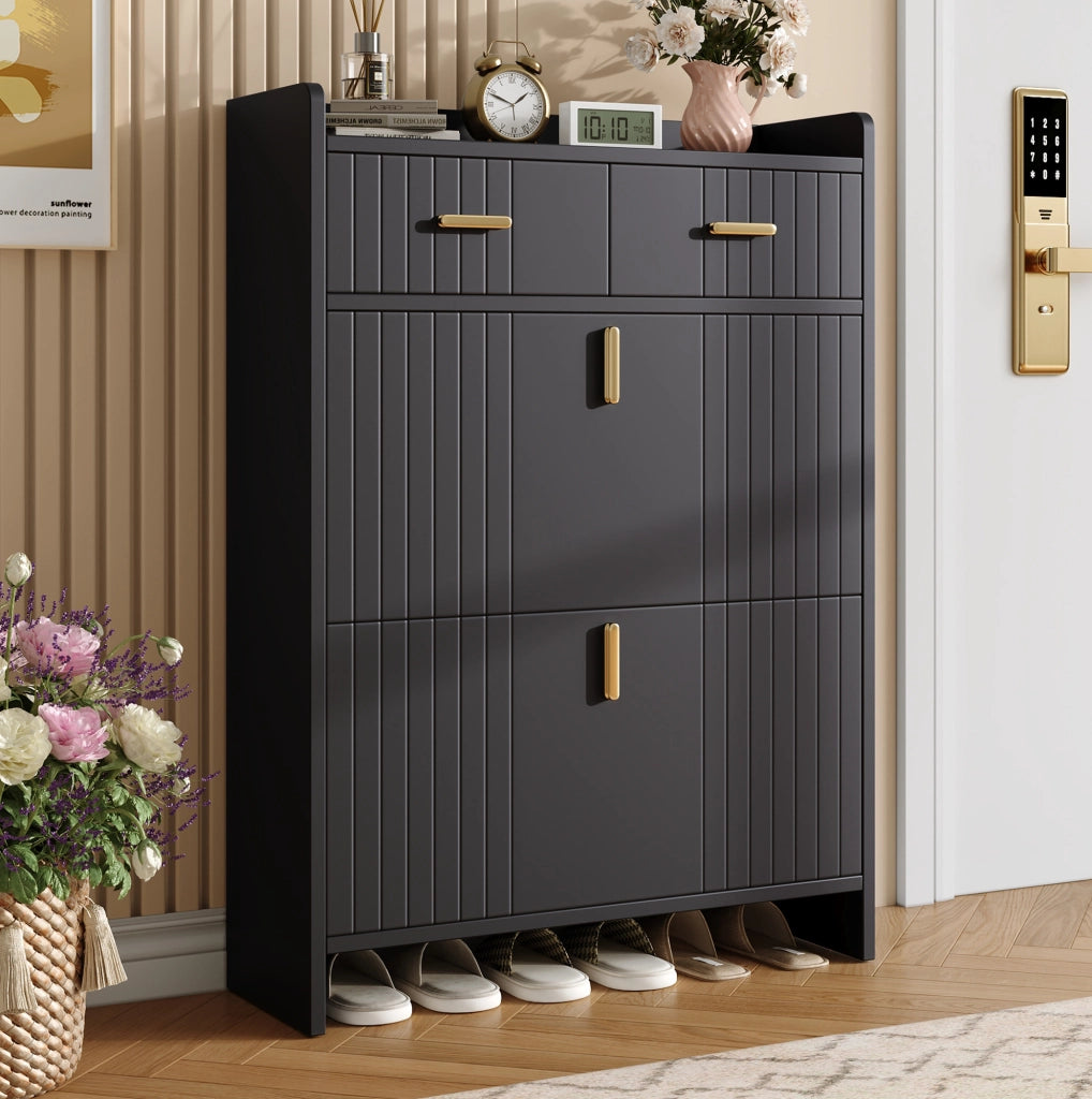 Scarpiera a ribalta 75x24x108，5 cm nera， ingresso， 2 cassetti