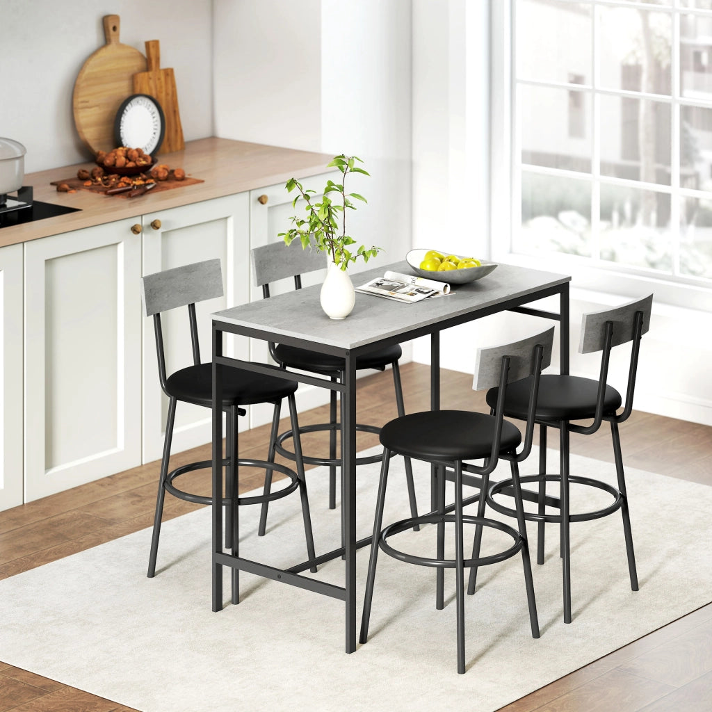Set Tavolo Alto e 4 Sgabelli da Bar in Stile Industriale in MDF e Acciaio Grigio Cemento