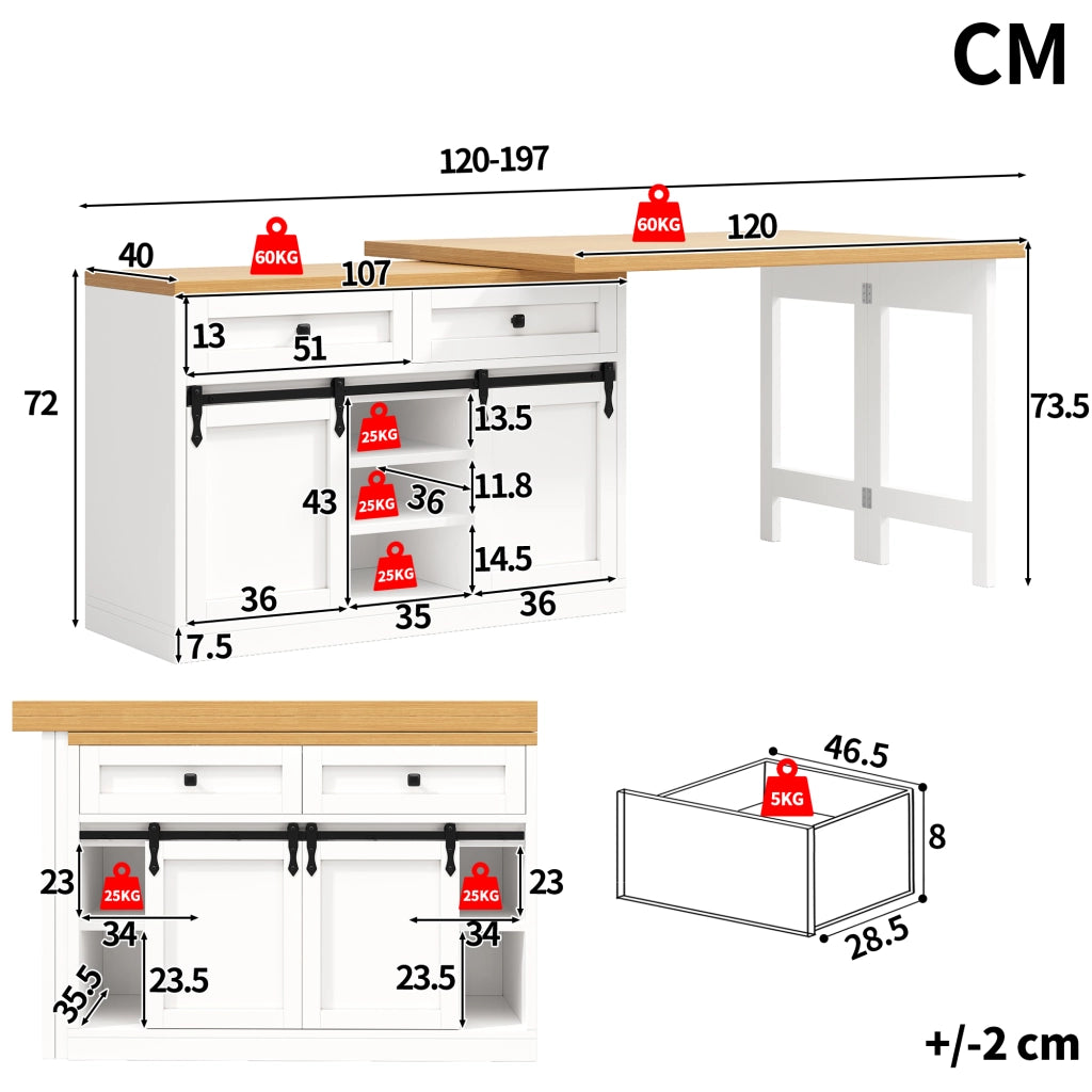 Desserte da cucina con porte scorrevoli; 2 cassetti e ripiani regolabili; per cucina e sala da pranzo; bianco; 120 × 40 × 72 cm