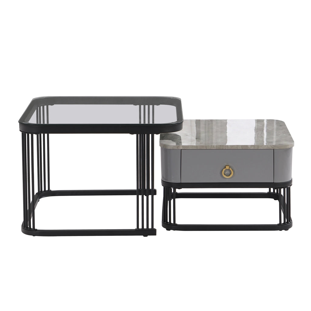 Tavolini da salotto 60x60x44.5 cm e 50x50x34.5 cm; design modulare con cassetti; MDF; nero