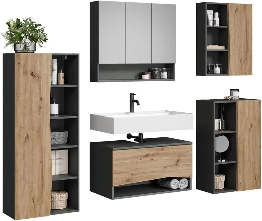 Set di mobili da bagno Willow, Artigiano, 80 cm, composto da mobile sottolavabo, specchiera, colonna, base media e pensile