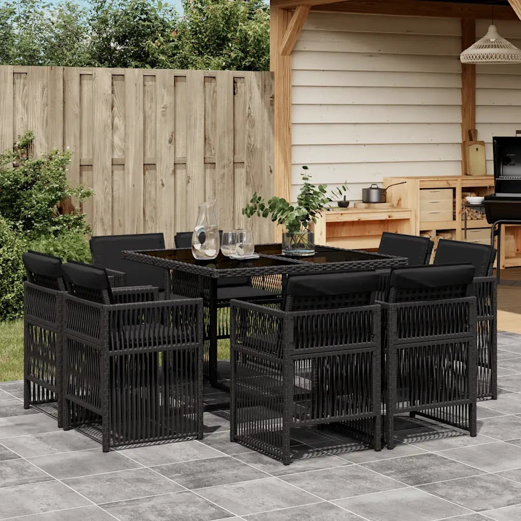 Set da Pranzo da Giardino 9 pz con Cuscini Nero in Polyrattan 3211015