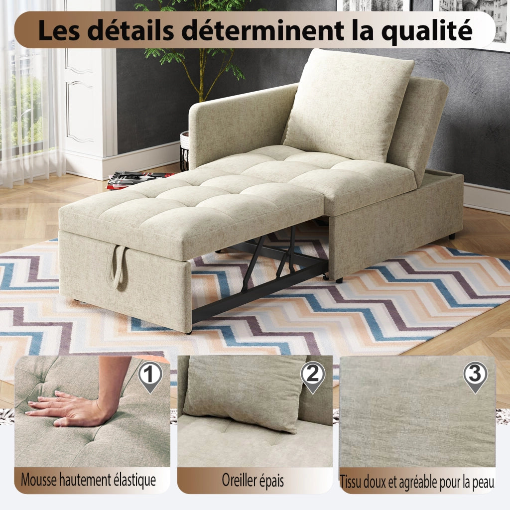 Divano Letto Convertibile 3 in 1 con Schienale Regolabile a 5 Posizioni e Cuscino, in Lino Beige