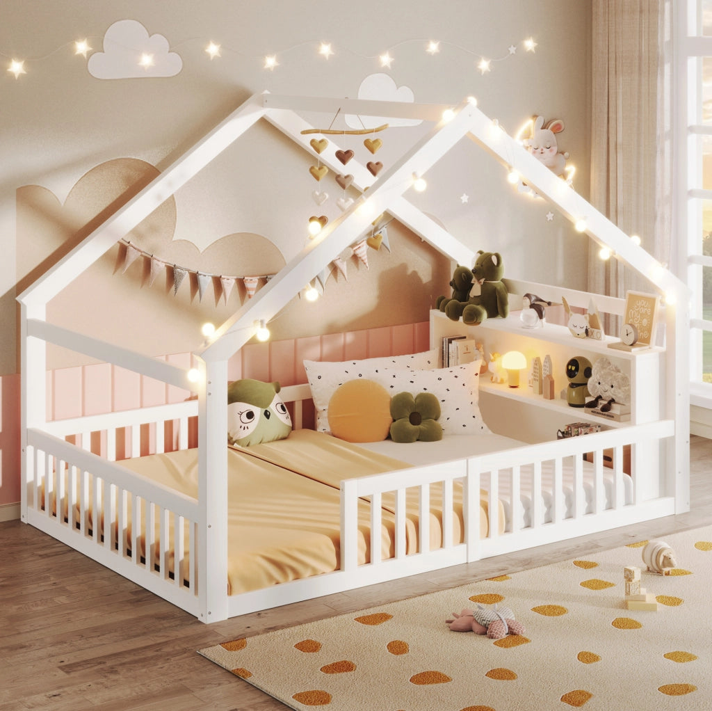 Letto per bambini a casetta 140x190 cm con sponde e scaffali laterali