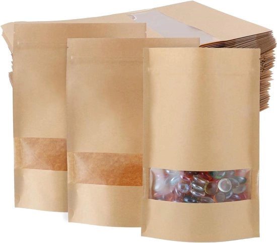 60 sacchetti di carta per sacchetti di alimenti in rilievo, sacchetti con chiusura a zip riciclabili - confezioni alimentari in carta con finestra trasparente