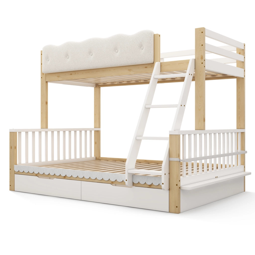 Letto a castello per bambini 90x200/140x200 cm con cassetti, portariviste e scala inclinata, Bianco & Rovere