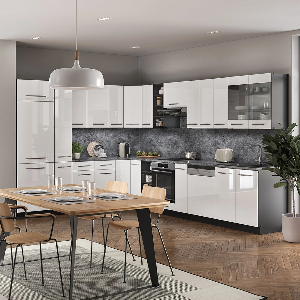 Cucina angolare completa Fame-Line Bianco lucido/Antracite 347 x 60 cm, PL Rovere Vicco
