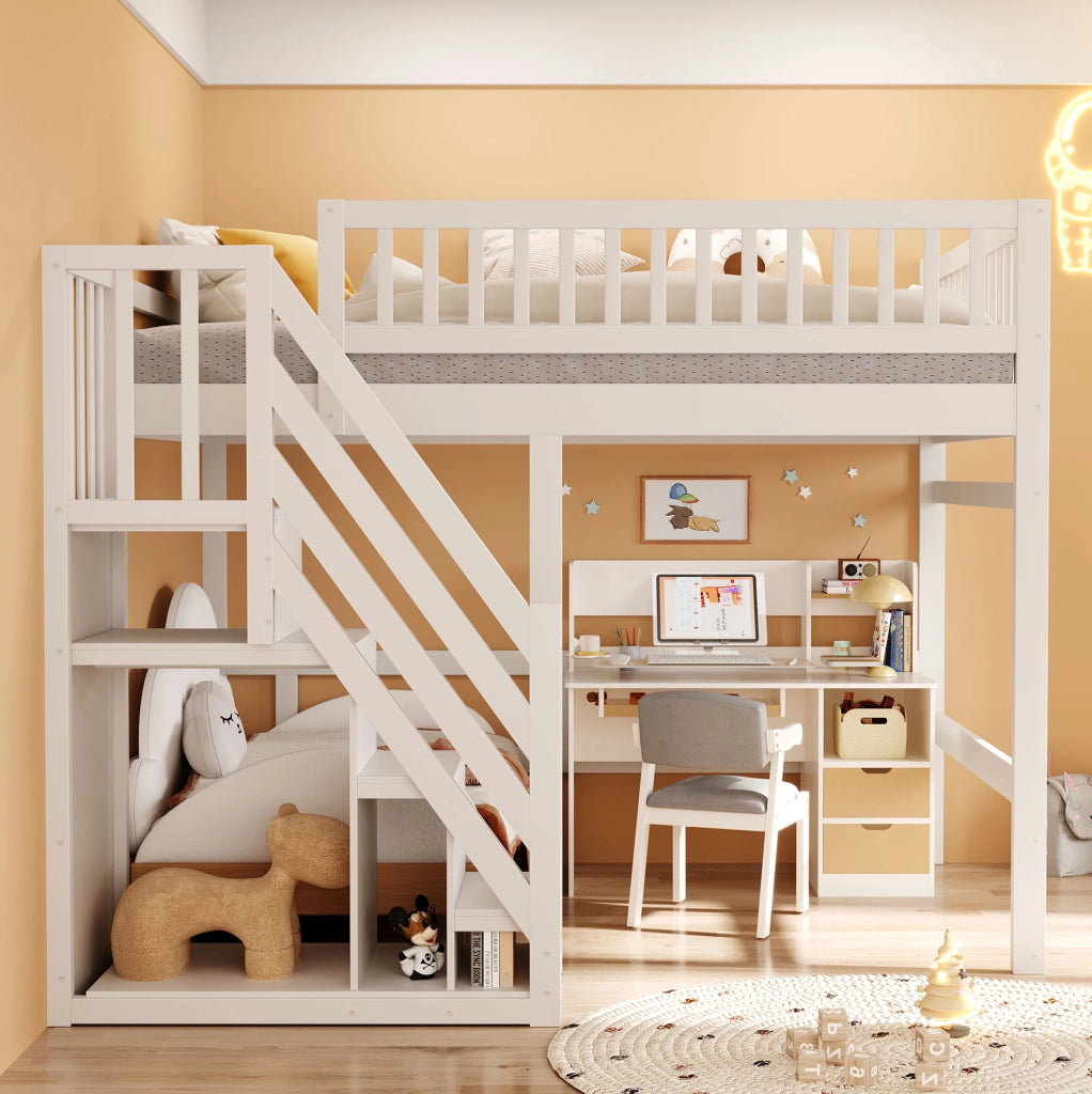 Letto singolo rialzato 140x200 cm in legno con scala contenitore; sponde alte; bianco