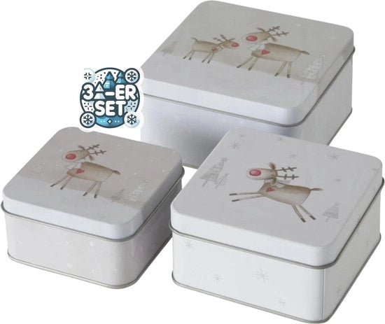 Set di 3 scatole da biscotti in metallo, scatola da biscotti, quadrata, renne divertente, variato, 9-12 cm