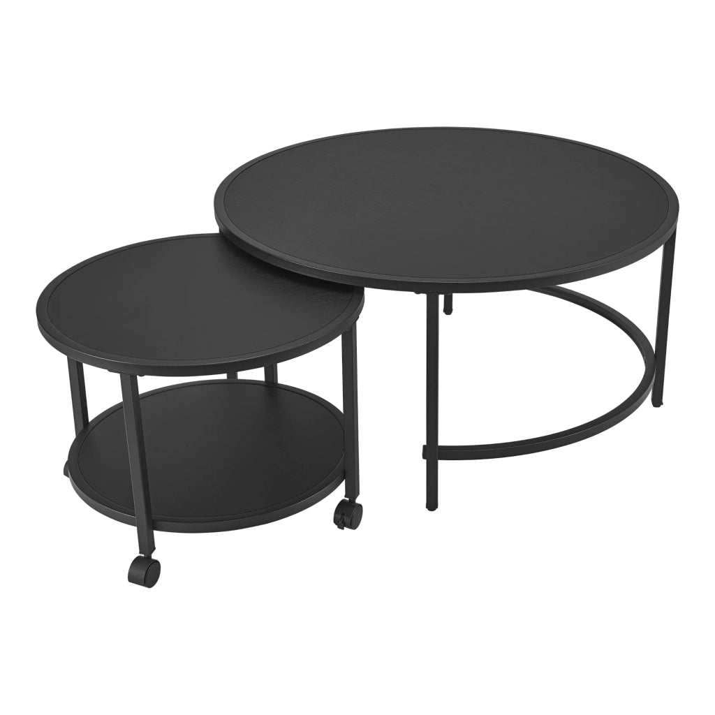 Set di 2 tavolini rotondi impilabili con ruote e spazio di archiviazione nero 03_0008532