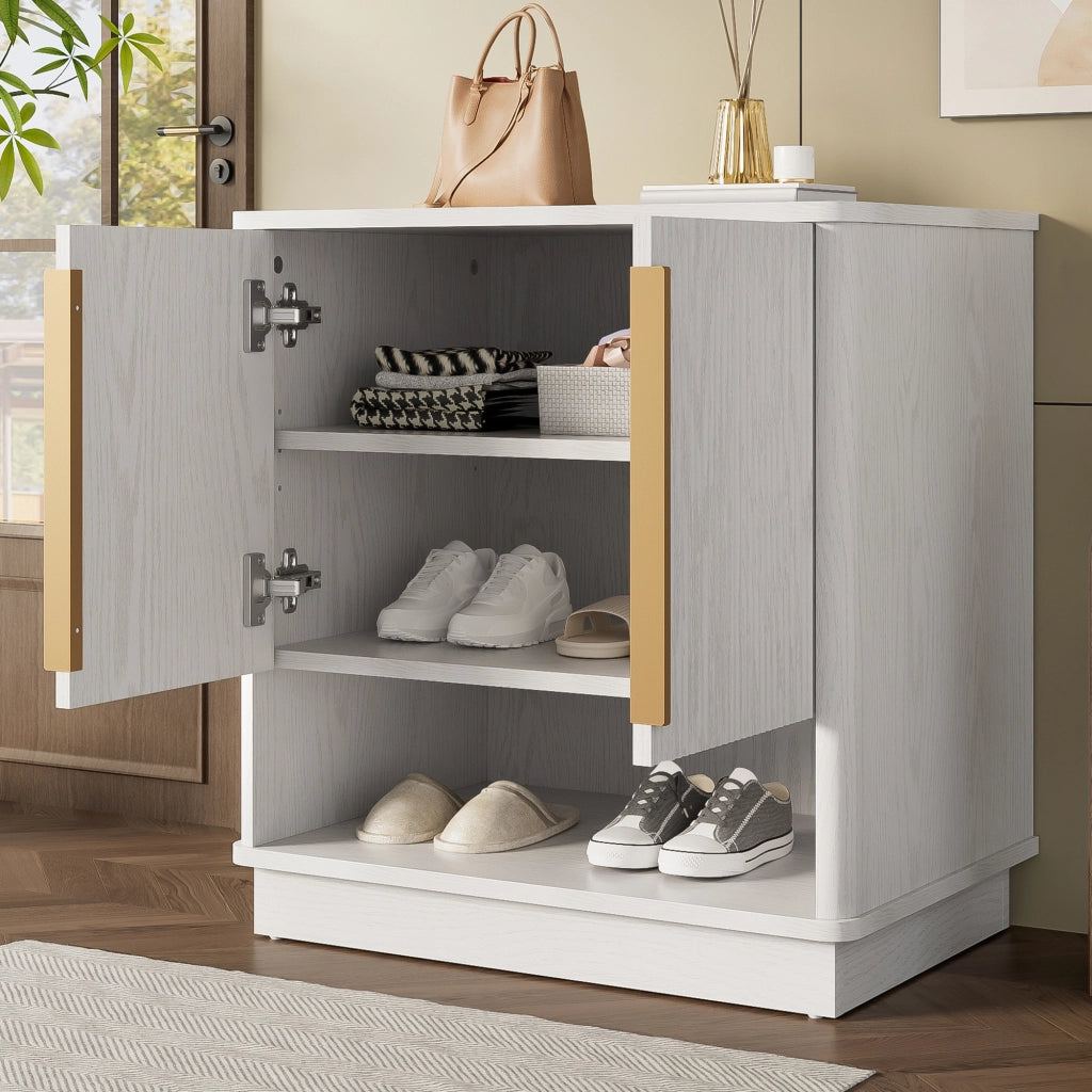 Scarpiera con 2 ante e vano aperto con ripiani regolabili in MDF legno bianco con maniglie dorate 60 × 40 × 61 cm