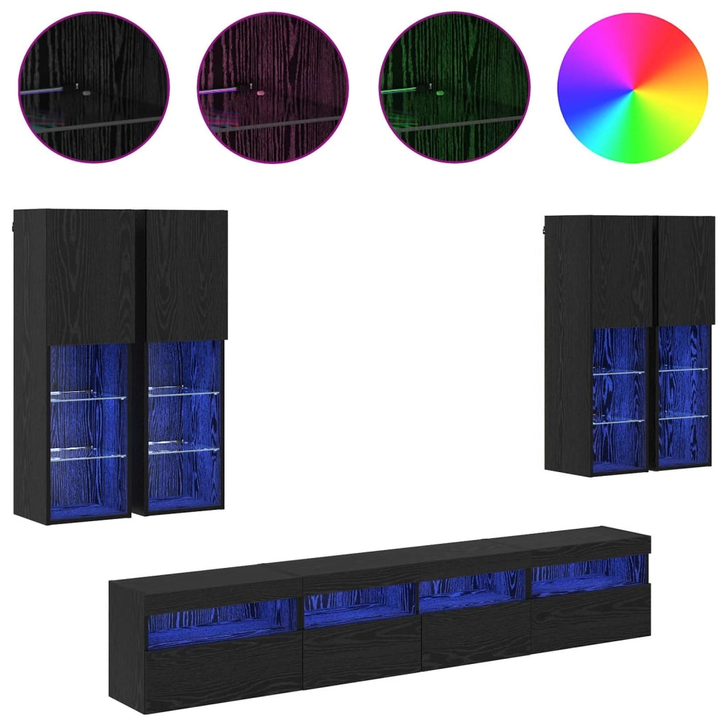 Set Mobile TV a Muro con Luci LED con led 7 pcs Rovere Nero