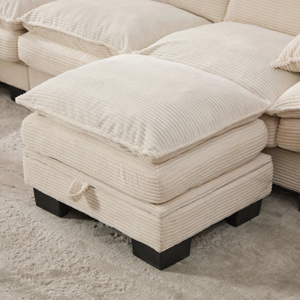 Divano modulare 3 posti in velluto a coste beige con 2 pouf