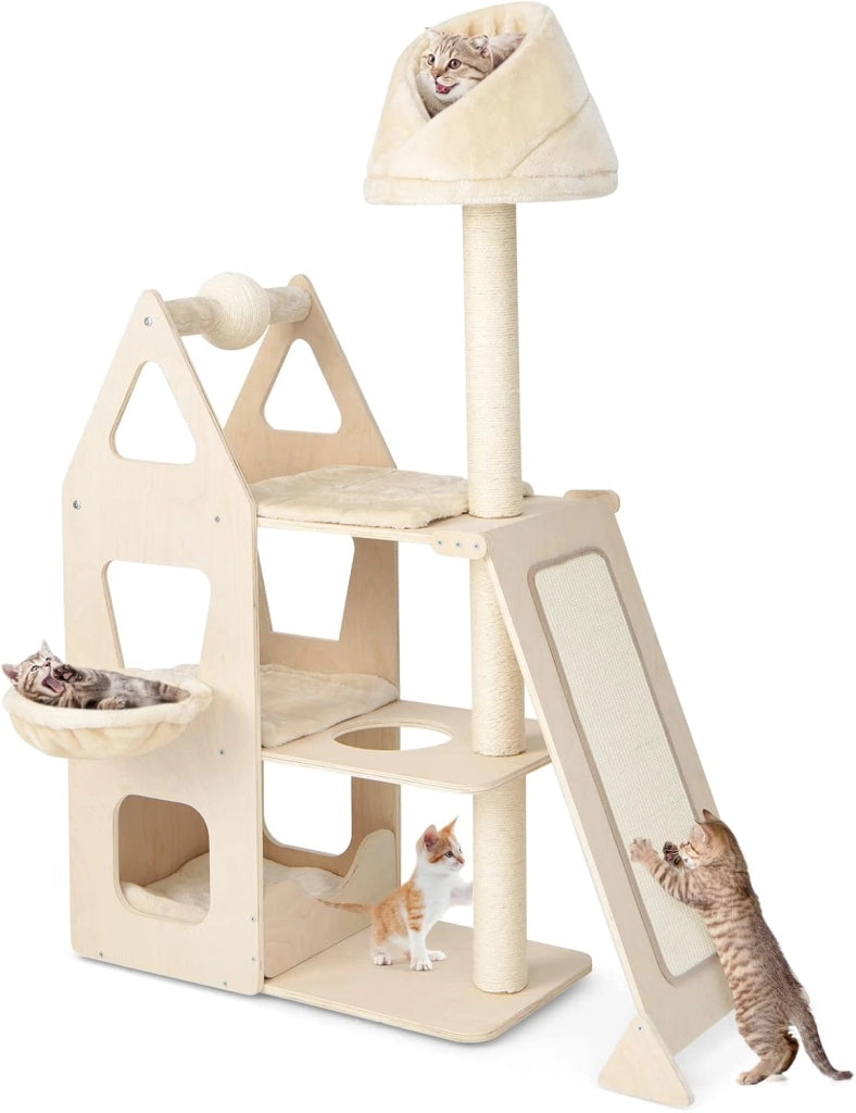 Tiragraffi per Gatti in Legno, Tiragraffi per Gatti con Cuccia, Piattaforma, 3 Cuscini Rimovibili e Lavabili e Tiragraffi, Albero Tiragraffi per Gatti Medi e Grandi, 111 x 42 x 155 cm