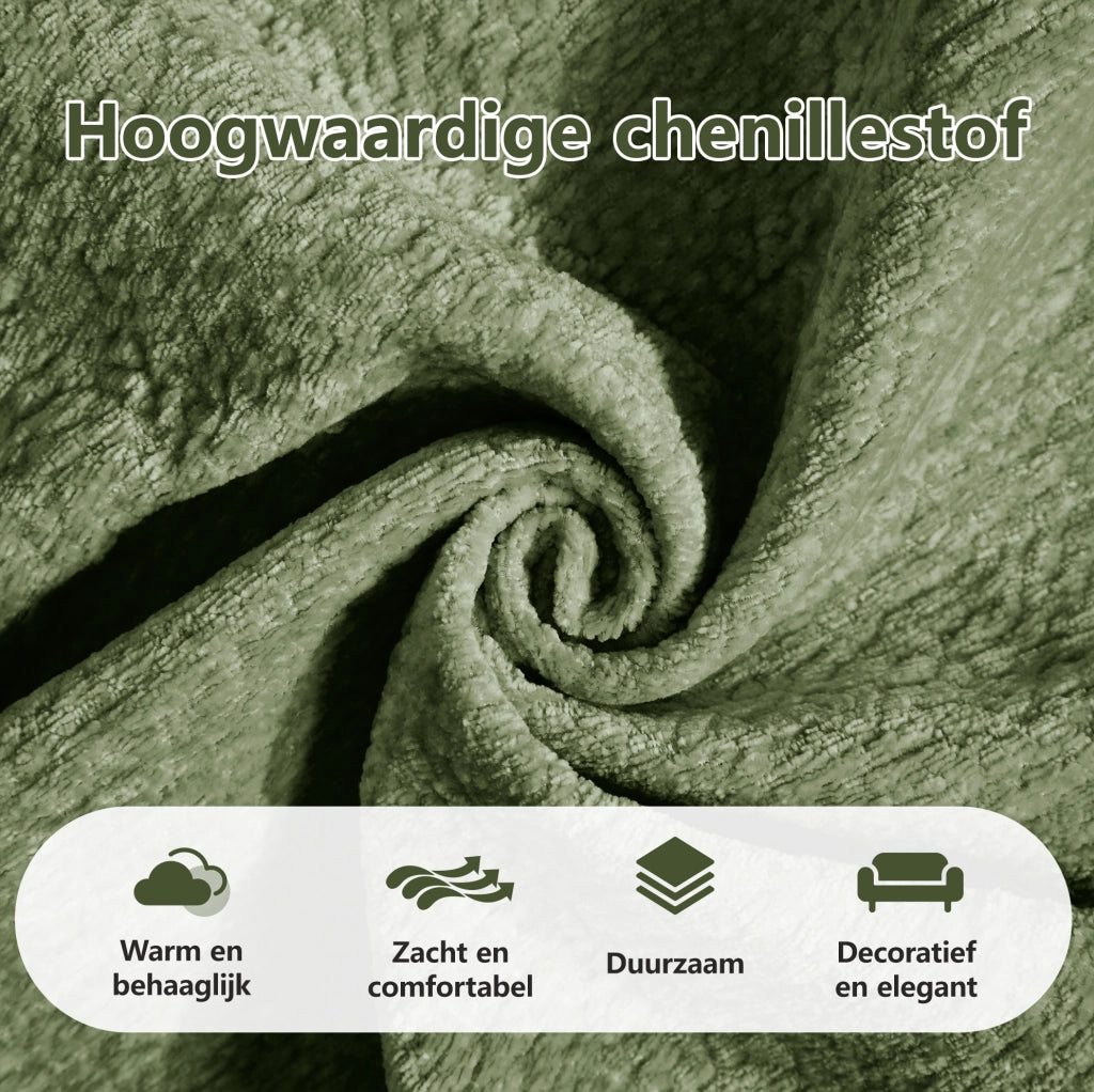 Divano 2 posti in chenille verde con pouf modulare e cuscini imbottiti, dimensioni 190x149x90 cm