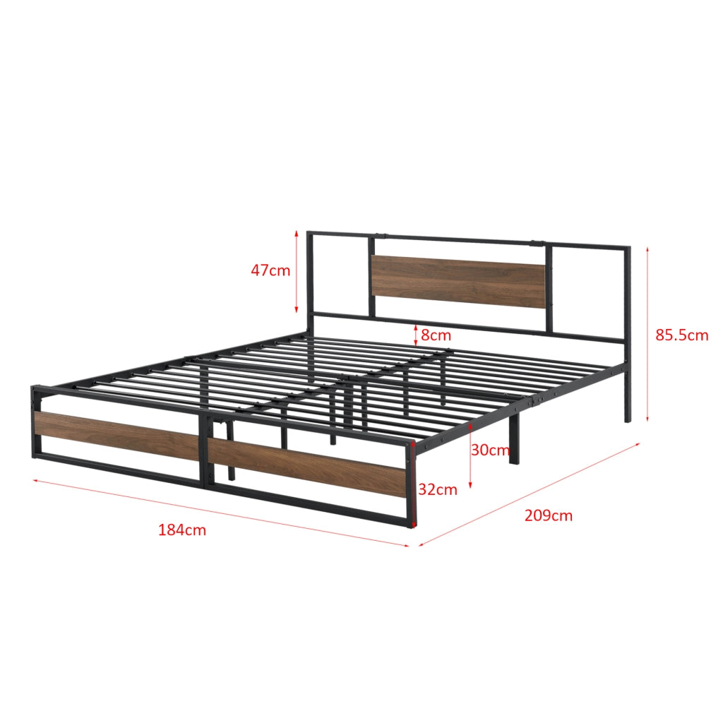 Letto in Acciaio con Materasso a Schiuma Fredda 200 x 180 cm Letto Matrimoniale King Size in Stile Moderno con Elementi Decorativi in Effetto Legno di Color Noce  - Struttura Nera