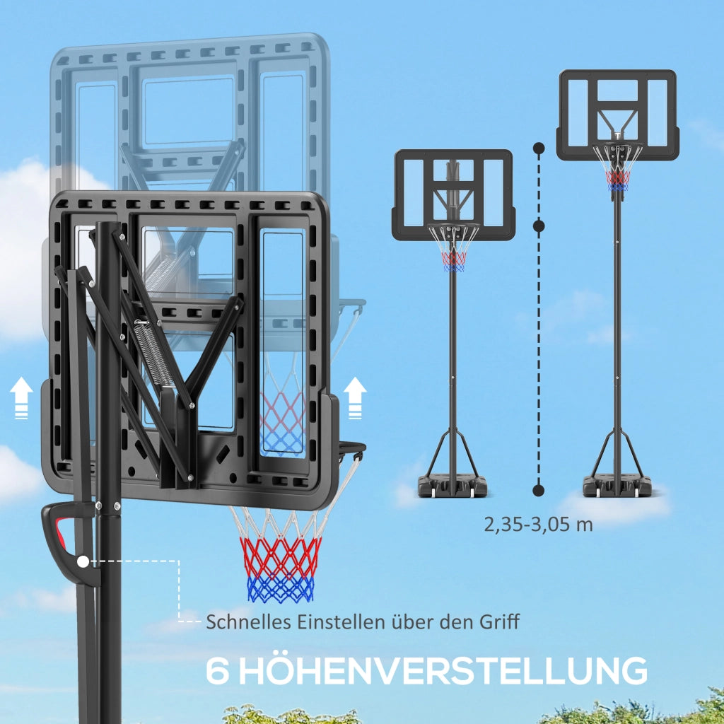 Canestro da Basket Regolabile ¨C Minimal ¨C Nero, Base Riempibile con Ruote, 235-305 cm