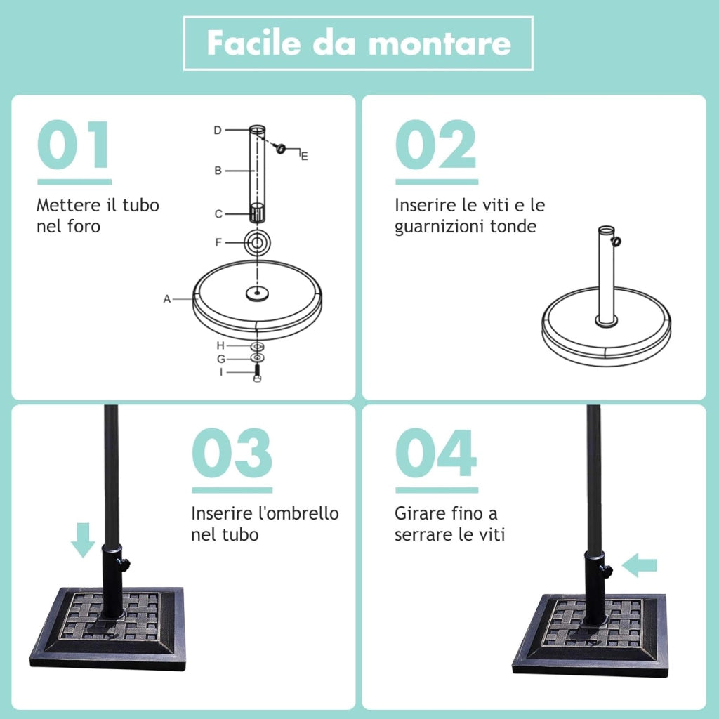 Base per Ombrellone, per Pali da 38-48mm, Base Ombrellone in Resina, 12KG, 44 x 44 x 33 cm, Nero
