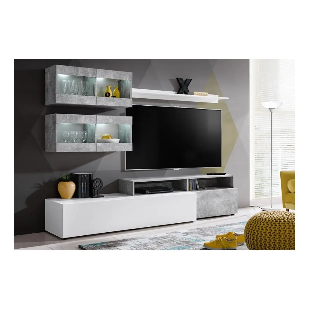 Composizione murale SLITE mobile TV sospeso bianco e grigio cemento con LED